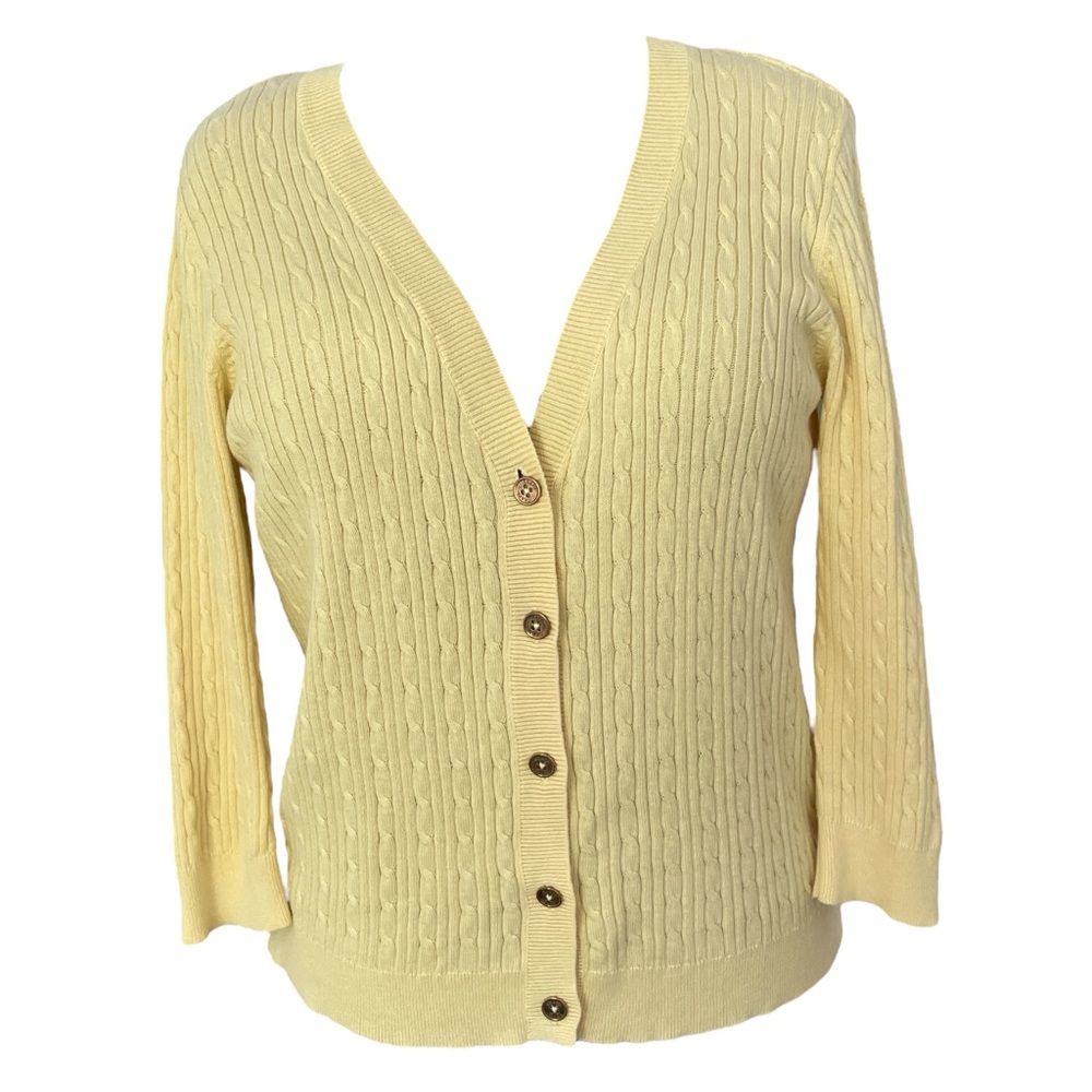 Chaps Yellow Cable Knit Cotton 3/4 Sleeve Cardigan Sweater, V-Neck Sz: L
